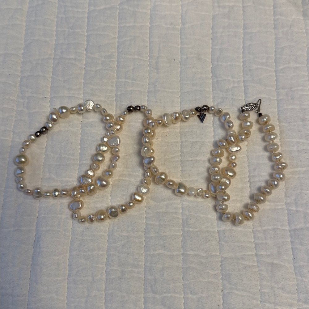 Freshwater Pearl Stretch Bracelet Set in White and Cream 925 sterling vintage
